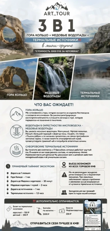 Медовые 3 в 1: гора Кольцо + Медовые водопады + термальные источники из Пятигорска